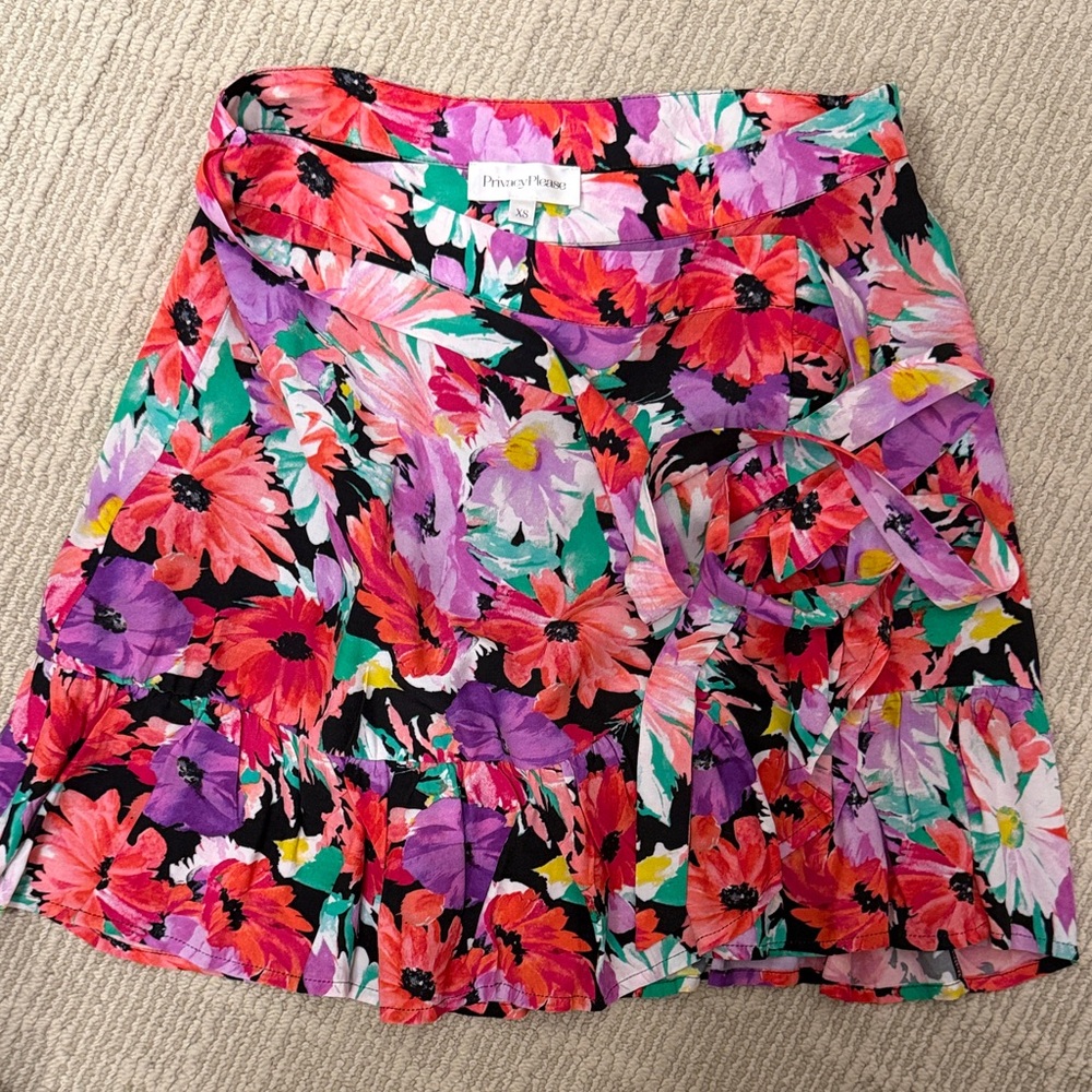 Black Floral Tie-Waist Skater Skirt - Pink, Purple & Green